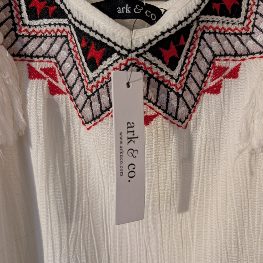 Ark & Co. White Maxi Dress with Red and Black Embroidery NWT